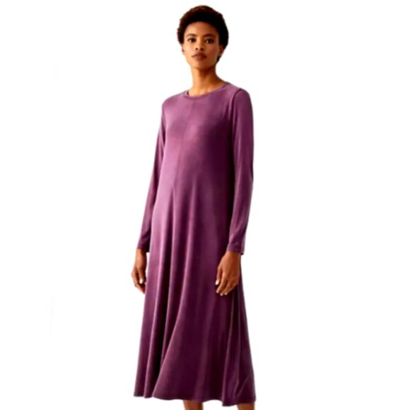 Eileen Fisher Crewneck Long Sleeve Cupro Blend Midi Dress in Jam Sz S #275D - Picture 1 of 9